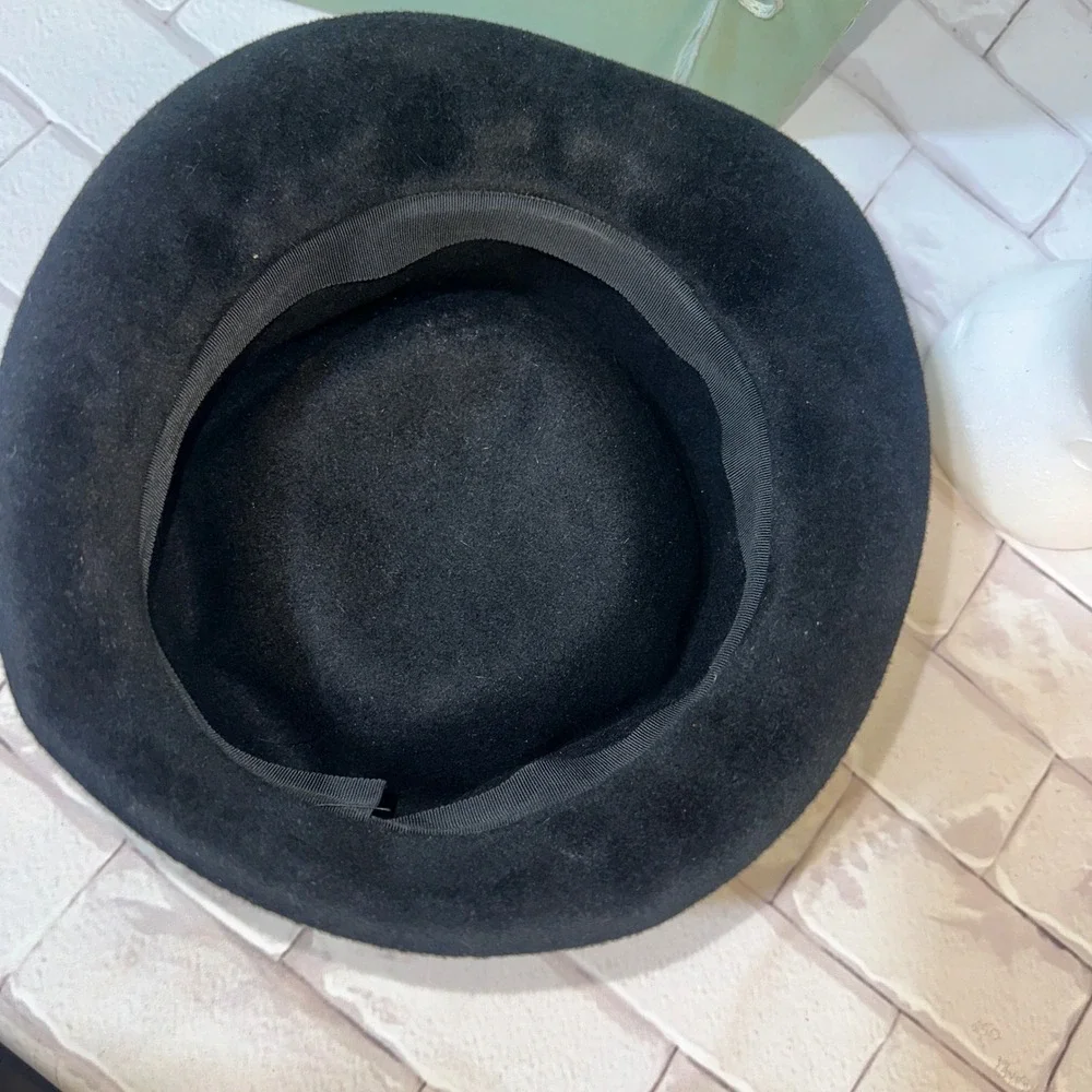 Vintage LS Ayres & Co Black Felt Pillbox Hat with Bow and Original Box